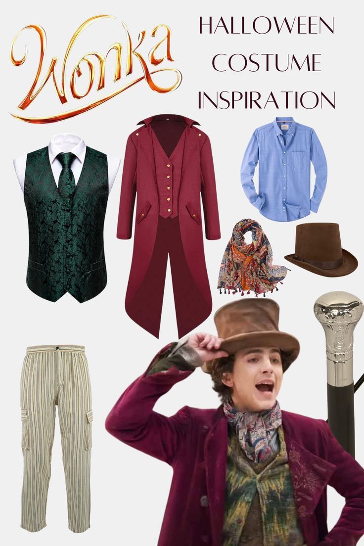 Timothee Chalamet 2023 Wonka and what you need for the halloween/cosplay look - red tail jacket, patterned green waistcoat, silk scarf, trousers and brown top hat. Wonka Outfit Ideas, Diy Wonka Costume, Wonka Inspired Outfit, Willy Wonka Outfit Ideas, Willy Wonka Inspired Outfit, Willy Wonka Disfraz, Timothee Chalamet Willy Wonka, Willy Wonka Timothee Chalamet, Willy Wonka Outfit