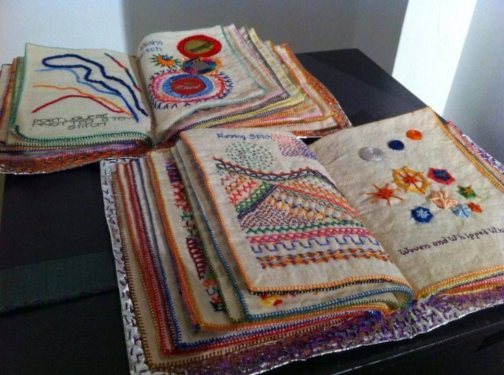 several different types of embroidered cloths on a black table with white wall in the background