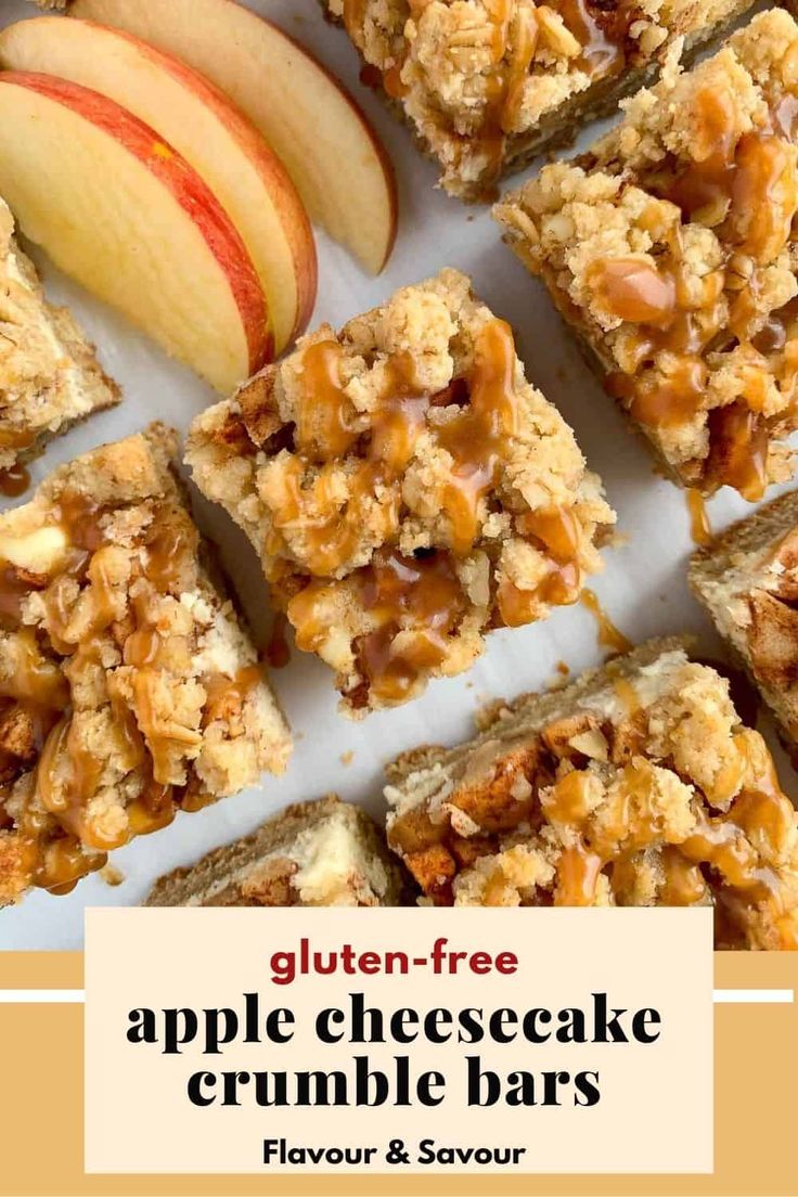 gluten - free apple cheesecake crumble bars on a plate