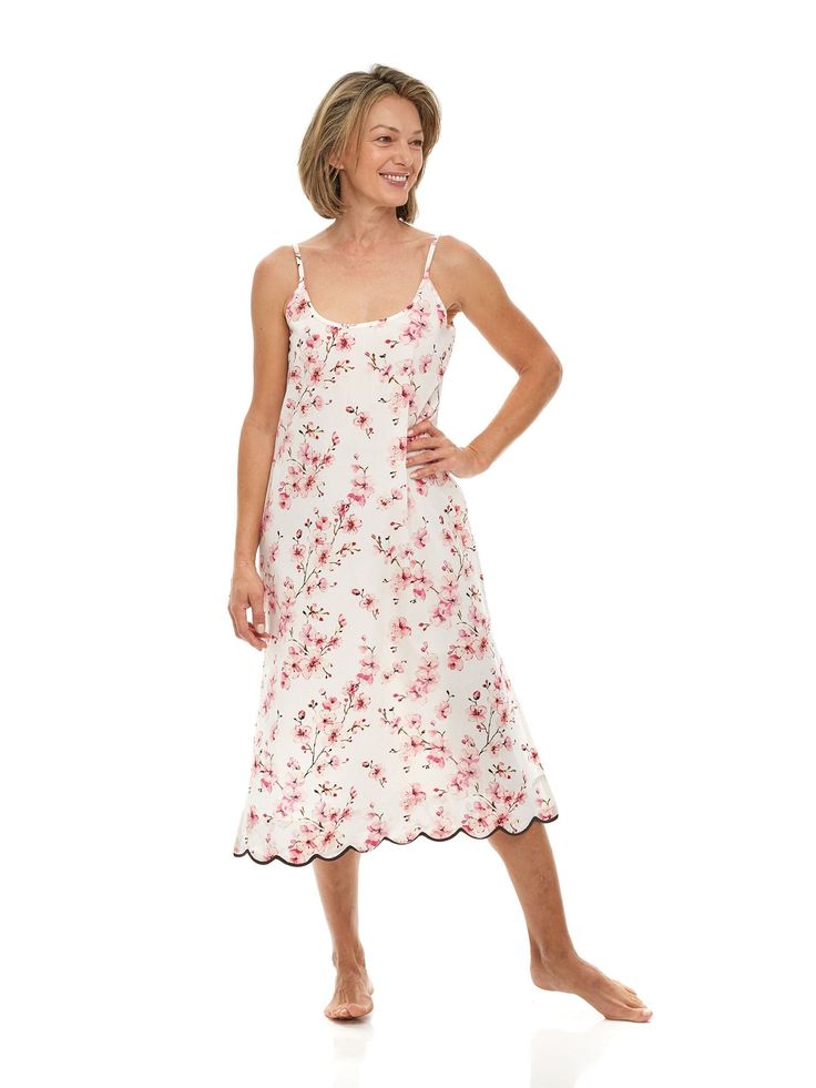 Cherry Blossom Slip Nightgown – Heidi Carey Winter Begins, Linen Nightgown, Designer Loungewear, Slip Nightgown, Cherry Blossom Print, Flower Shapes, Peaceful Sleep, Blossom Print, Feminine Silhouette