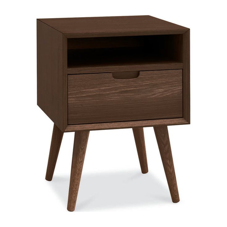 the side table has two drawers on one end and an open drawer on the other