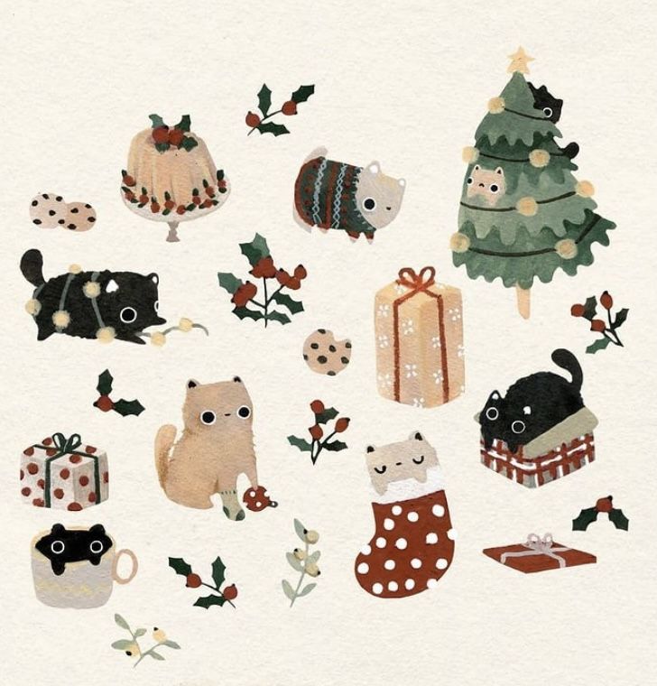 an illustrated christmas card with cats and presents on it's side, including a tree