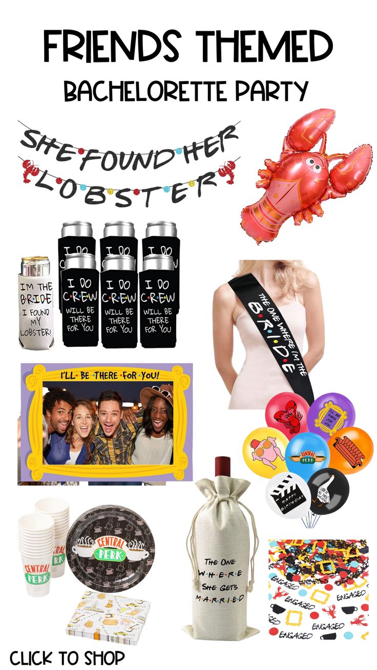 friends themed bachelor party supplies including balloons, photo frames and other personalized items for guests