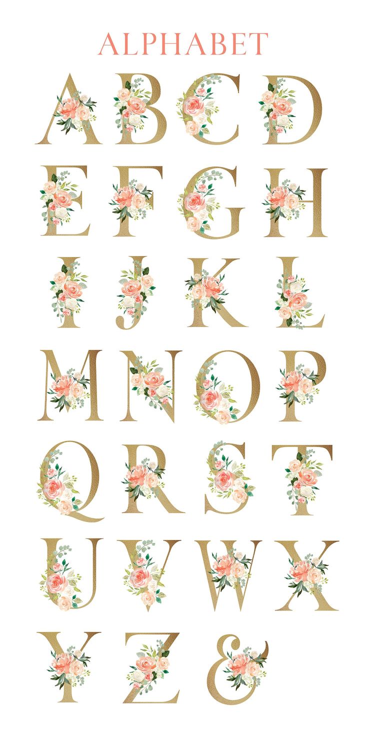 the alphabet is decorated with flowers and leaves