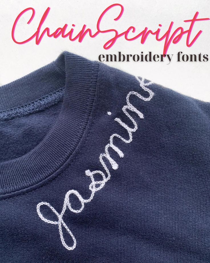 an image of a shirt with the name charm script on it and embroidery font in white