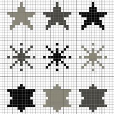 the cross stitch pattern is shown in black and white, with four stars on each side