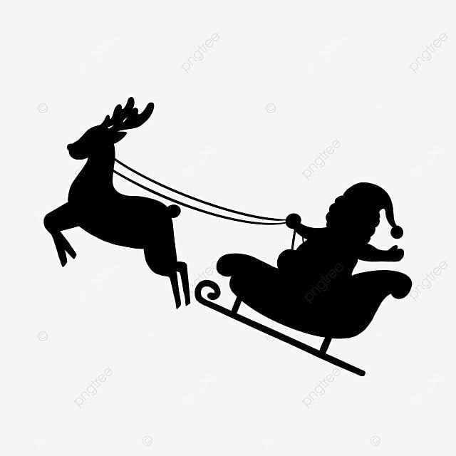 a black and white silhouette of a person on a sleigh being pulled by a reindeer