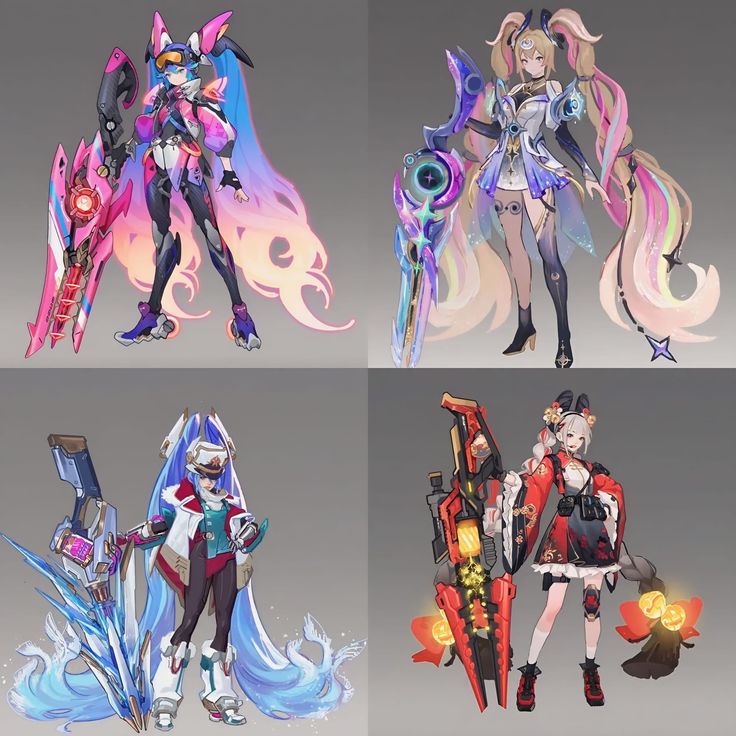 four different images of the same character in an animated video game, each with their own armor