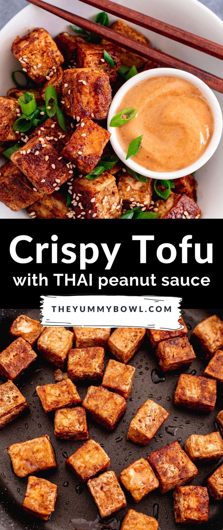 crispy tofu with thai peanut sauce in a bowl and chopsticks on the side