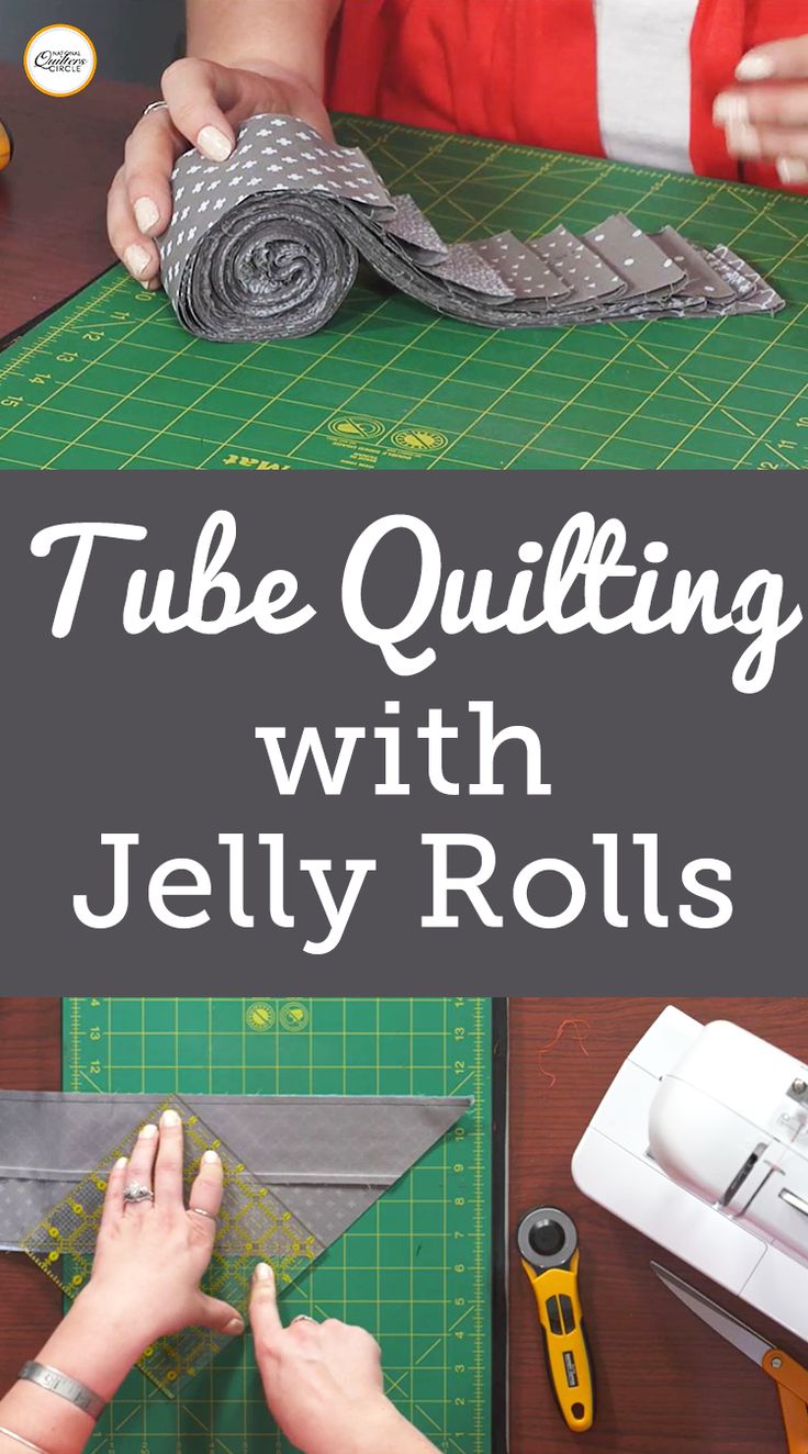 two hands are working on fabric with the words tube quilting with jelly rolls