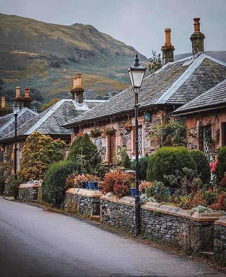 the street is lined with stone houses and potted plants on either side of the road