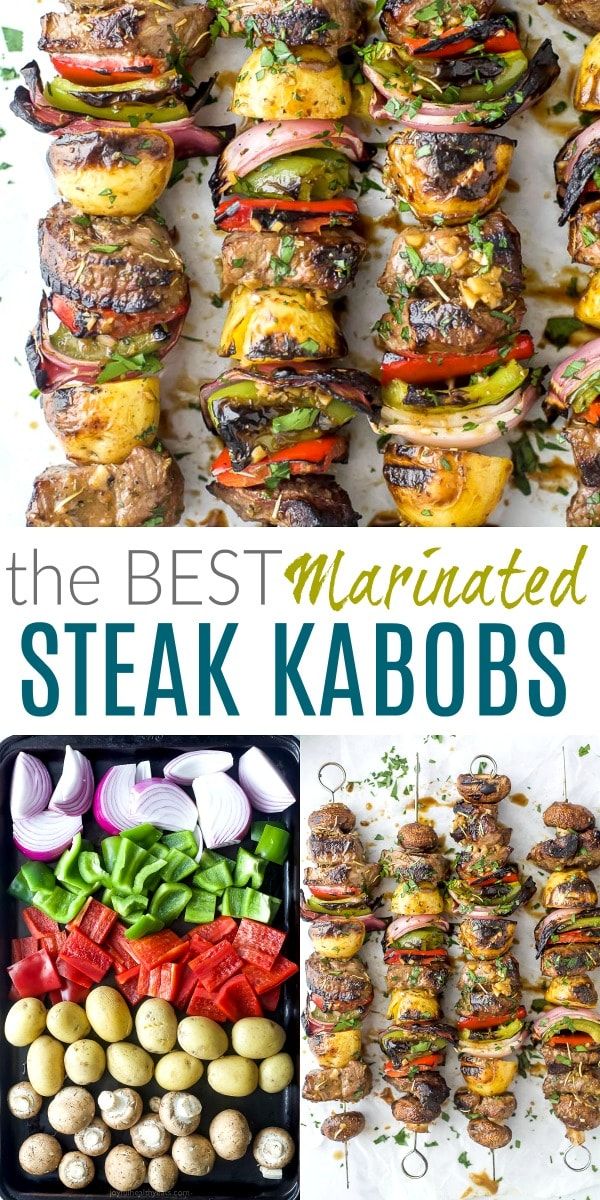 Marinated Steak Kabobs are the perfect summer dinner idea for grilling season. The steak is marinated with an easy beef kabob marinade, then skewered with potatoes, onions, peppers, and mushrooms! So crazy juicy, exploding with flavor and super easy! Guaranteed to be a favorite and hands down the BEST Steak Kabob Recipe you'll ever have! #healthy #onthegrill #glutenfree Kebab Marinade, Marinated Steak Kabobs, Dry Rosemary, Barbeque Ideas, Beef Kabob Marinade, Grilled Steak Kabobs, Kabob Marinade, Beef Kabob Recipes, Dry Oregano