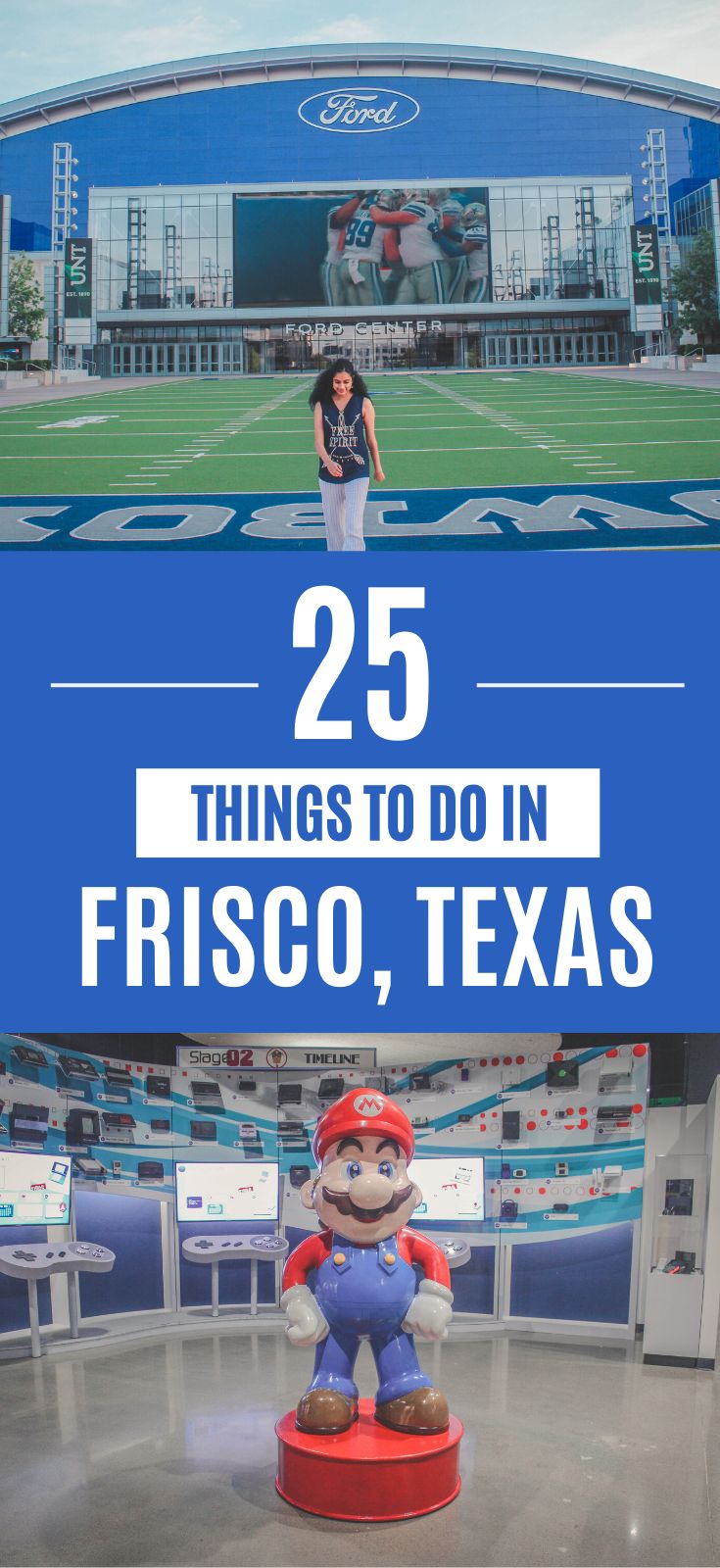 a woman standing in front of a stadium with the words 25 things to do in frisco, texas