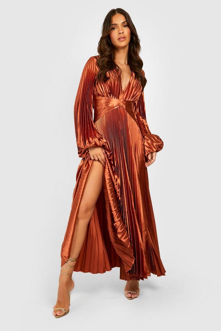 Pleated Satin Oversized Sleeve Midi Dress Folded Fabric, Fabric Skirt, Oversize Sleeves, Boohoo Dresses, Guest Attire, Pleated Fabric, Satin Midi Dress, Midi Dress With Sleeves, Maxi Dress With Sleeves