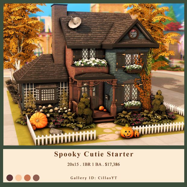 the spooky cutie starter is in front of a house with pumpkins