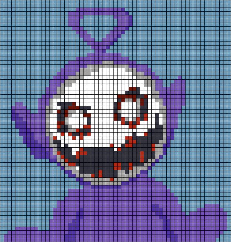 a pixellated image of a cartoon character with big eyes and an evil grin on his face