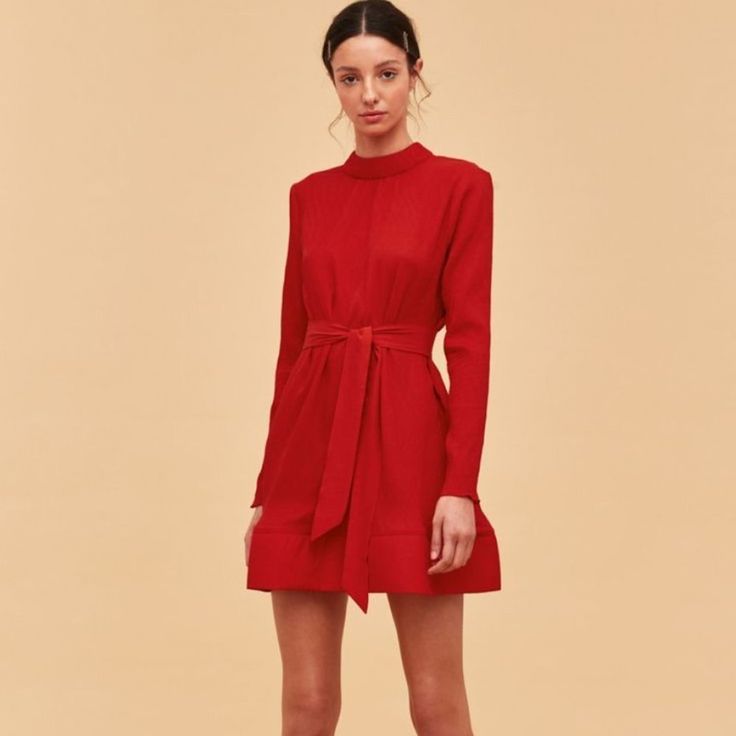 C/Meo Collective Comes In Waves Dress Red Pretty As Can Be, This Chic Red Mini Features A Structured Collar And Hem Band For A Polished, Feminine Look. Let It Speak For Itself And Keep Things Simple Down Below With Some Strappy Black Heels. - Mini Length - Structured Collar With Back Tie - Relaxed Fit - Long Sleeves - Keyhole At Back With Button Closure - Structured Hem Band - Self-Tie Waist - Lightweight Crinkle Fabric Red A-line Dress For Brunch, Fall Cocktail Belted Dress, Red Belted Dress For Party, Red Belted Party Dress, Chic Red Winter Dress, Chic Red Mini Dress For Winter, Red Mini Dress For Winter Workwear, Red Mini Dress For Work In Winter, Chic Long Sleeve Red Dress