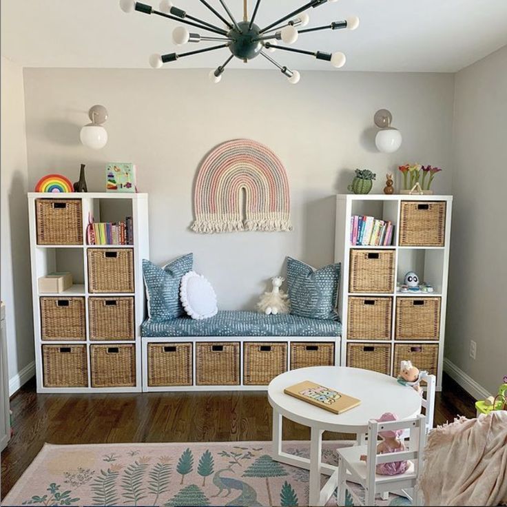 a child's playroom with toys, bookshelves and toy storage units