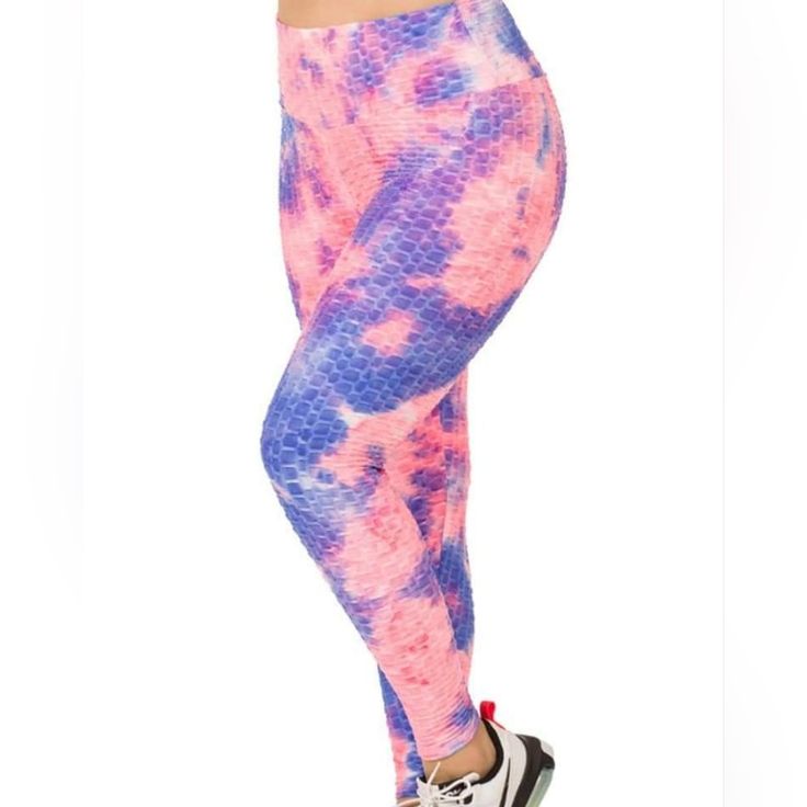 New Zenana Athletic Wear Tie Dye Honeycomb Leggings 90% Polyester 10% Spandex High Stretch Pink Long Bottoms, High Waist High Stretch Pink Pants, Pink High Waist Stretch Leggings, High Waist Stretch Pink Leggings, High Waist Pink Stretch Leggings, High Stretch Pink Summer Pants, High Stretch Pink Pants For Summer, Pink High Stretch Leggings For Spring, High Stretch Pink Leggings For Spring