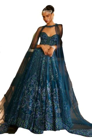 Blue bridal lehenga featuring thread embroidered floral swirl motifs, highlighted by beads, sequins and tassel embellishments. Comes with embellished corset featuring beaded waist tassels and detachable 2 shoulder wings. - Aza Fashions Hand Embellished Fitted Lehenga For Reception, Fitted Hand Embellished Dupatta For Navratri, Hand Embellished Fitted Dupatta For Navratri, Fitted Embroidered Evening Anarkali Set, Fitted Bollywood Gown Hand Embellished, Hand Embellished Fitted Saree Gown, Fitted Hand Embellished Dress For Navratri, Festive Fitted Hand Embellished Choli, Blue Hand Embellished Anarkali Set For Festive Occasions