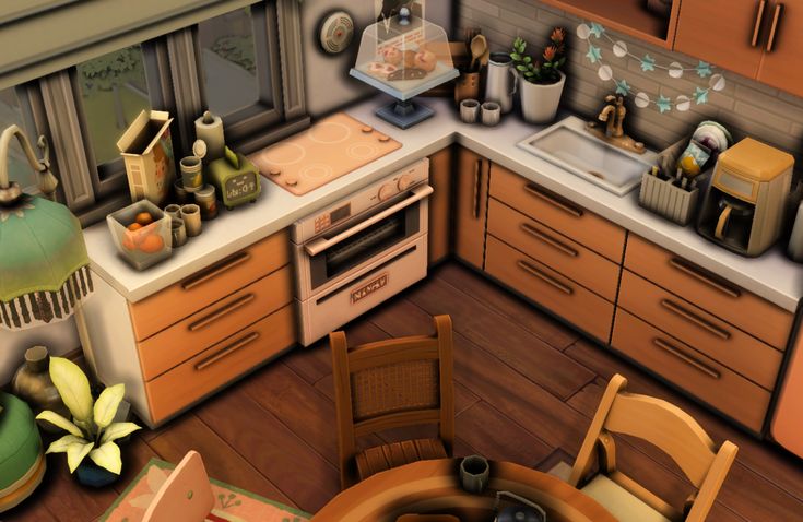 an animated kitchen with wooden floors and cabinets, including a dining room table and chairs