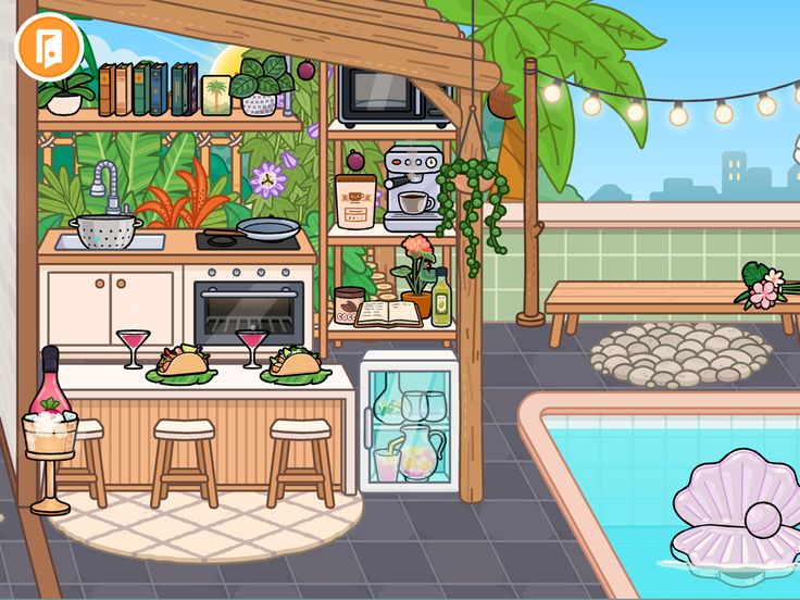 a cartoon kitchen with a pool in the middle and lots of clutter on the counter