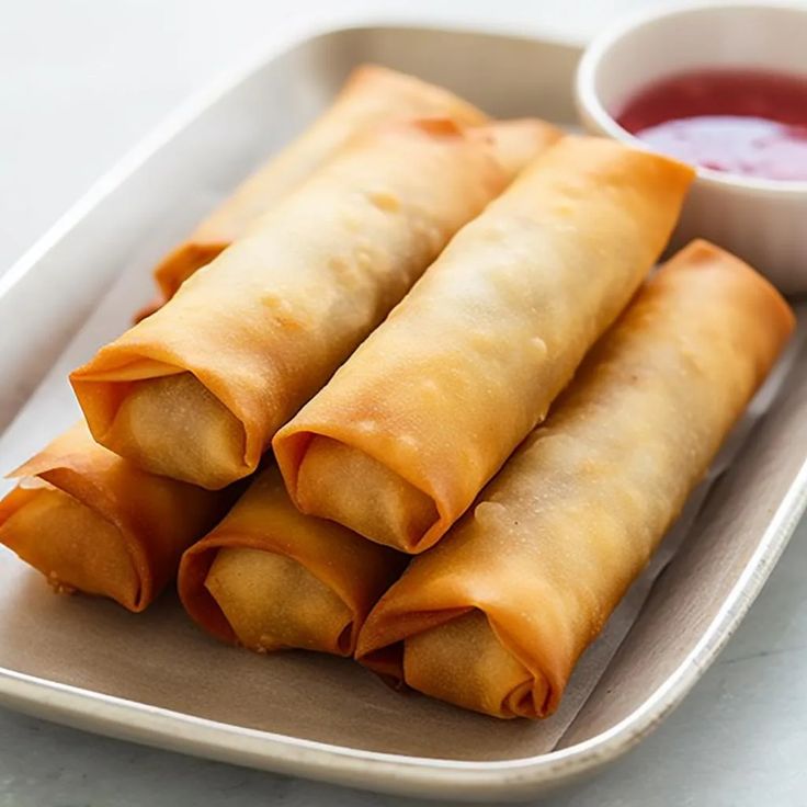 three spring rolls on a plate with dipping sauce next to it and a bowl of ketchup