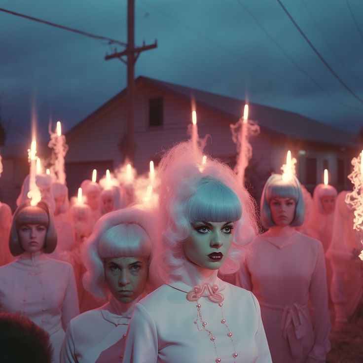 a group of women standing next to each other in front of a house with candles on their heads