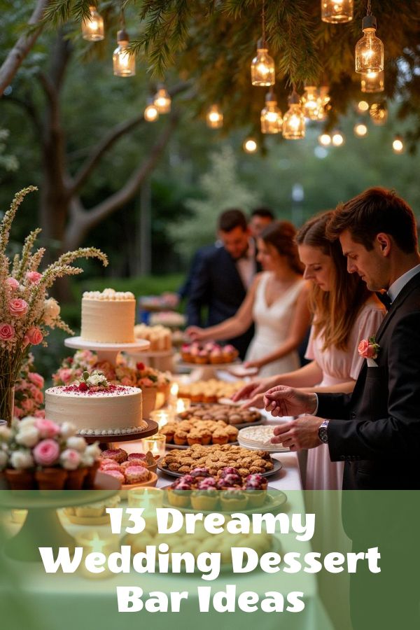 a wedding dessert bar with people standing around it and the words 13 dreamy wedding dessert bar ideas