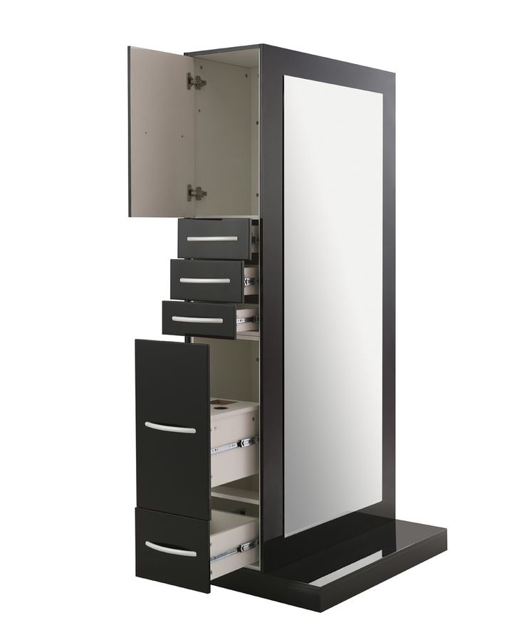 an open cabinet with drawers and a mirror on it's side, in front of a white background