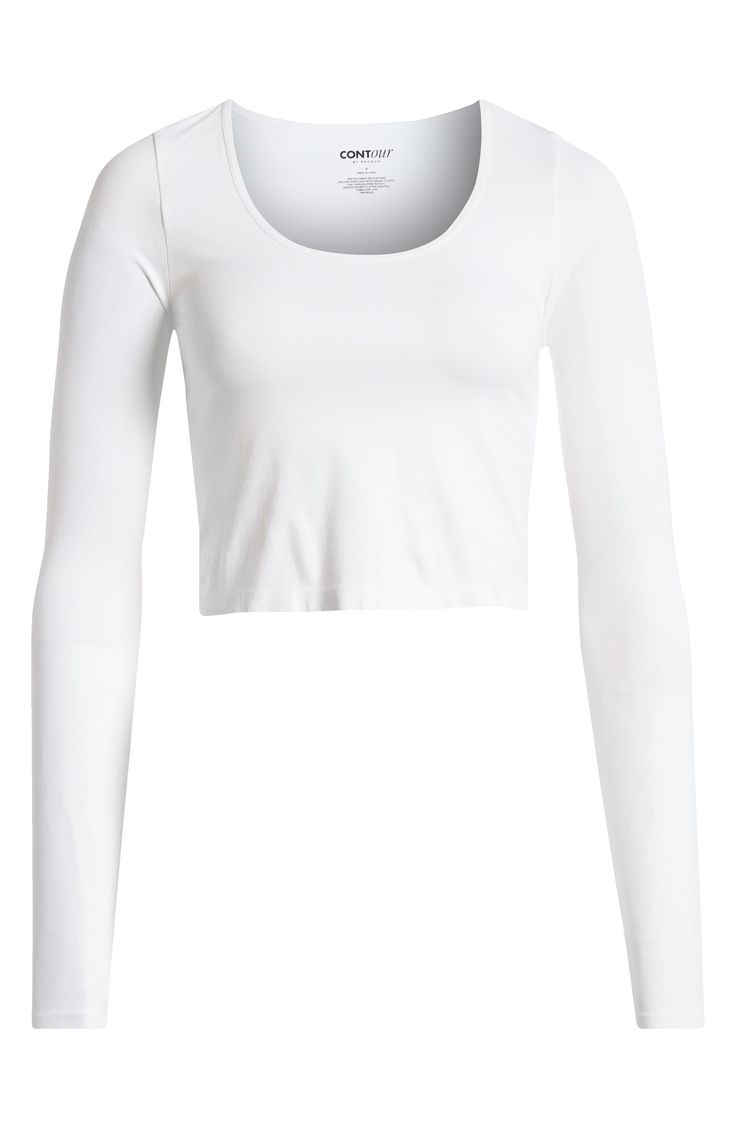 Bare a bit of belly in a crop top designed for a seam-free smoothness. 15 1/2" length (size Medium) Scoop neck Long sleeves 94% polyamide, 6% elastane Machine wash, tumble dry Imported White Long Sleeved Top, Everyday Scoop Neck Seamless Crop Top, Seamless Stretch Crop Top For Everyday, Everyday Stretch Seamless Crop Top, Seamless Crew Neck Crop Top For Workout, Seamless Crew Neck Crop Top For Everyday, Seamless Crew Neck Elastane Crop Top, Everyday Solid Scoop Neck Crop Top, Everyday Solid Color Scoop Neck Crop Top