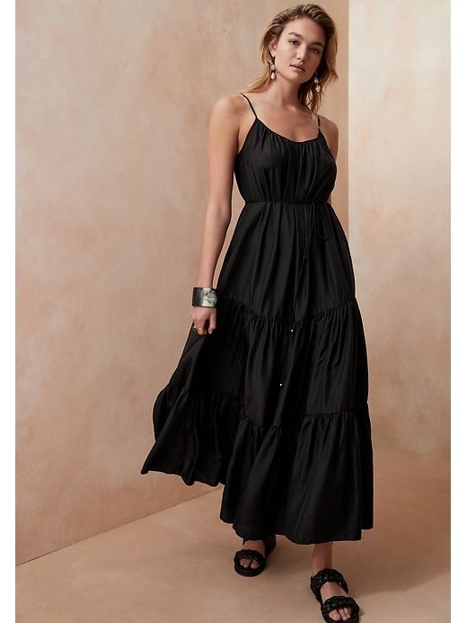 Silk Tiered Maxi Dress | Banana Republic Always A Bridesmaid, Work Dresses, Maxi Dress Black, Flowing Skirt, The Drama, Tiered Maxi Dress, Perfect Woman, Black Maxi Dress, Cocktail Dress Party