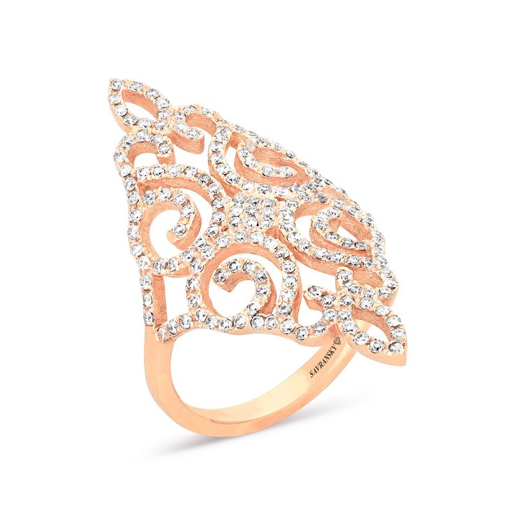 The perfect complement to her whimsical style, this vintage-inspired 18K rose gold diamond ring is ready to surprise and delight. This elegant look showcases an shimmering diamonds in swirl-like shapes set along an elongated diamond-touched filigree. Surprise your loved one or yourself with this truly special gift appropriate for everyday or special occasion.
Available in all sizes, send us yours!
0.80 carat white diamonds
14K rose gold
The ring design can be customized to suit yo Crossover Diamond Ring, Whimsical Style, Diamond Cocktail Ring, Rose Gold Diamond Ring, Diamond Cocktail Rings, Gold Diamond Ring, Expensive Jewelry, Whimsical Fashion, Tennis Bracelet Diamond