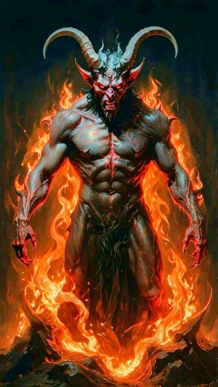 a demonic demon standing in front of a fire filled mountain with his hands on his hips