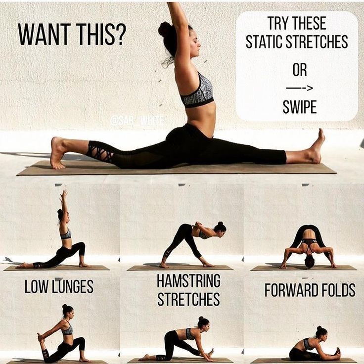 a woman doing yoga poses with the words, want this? try these static stretches or swipe