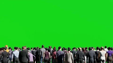 a large group of people standing in front of a green screen