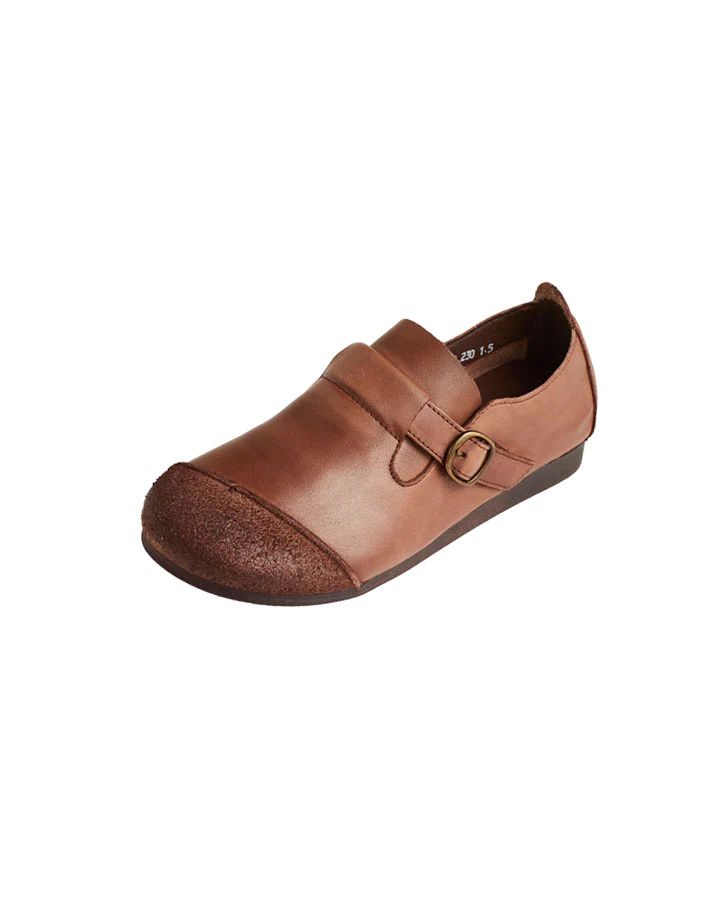 Round Head Handmade Soft Leather Retro Flat Shoes — Obiono Slip-on Oxfords With Leather Sole And Round Toe, Monk Strap Shoes With Leather Sole And Flat Heel, Brown Slip-on Flats With Buckle Closure, Leather Slip-on Monk Strap Shoes With Round Toe, Oxfords With Removable Insole And Round Toe, Brown Leather Monk Strap Shoes With Flat Heel, Slip-on Flats With Leather Sole And Round Toe, Casual Brown Monk Strap Shoes With Closed Toe, Brown Monk Strap Shoes With Leather Footbed