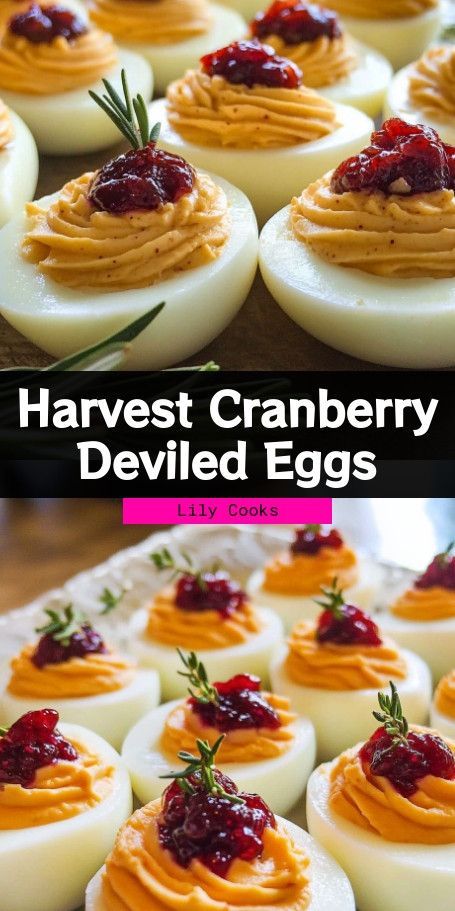 deviled eggs with cranberry toppings on them are ready to be eaten