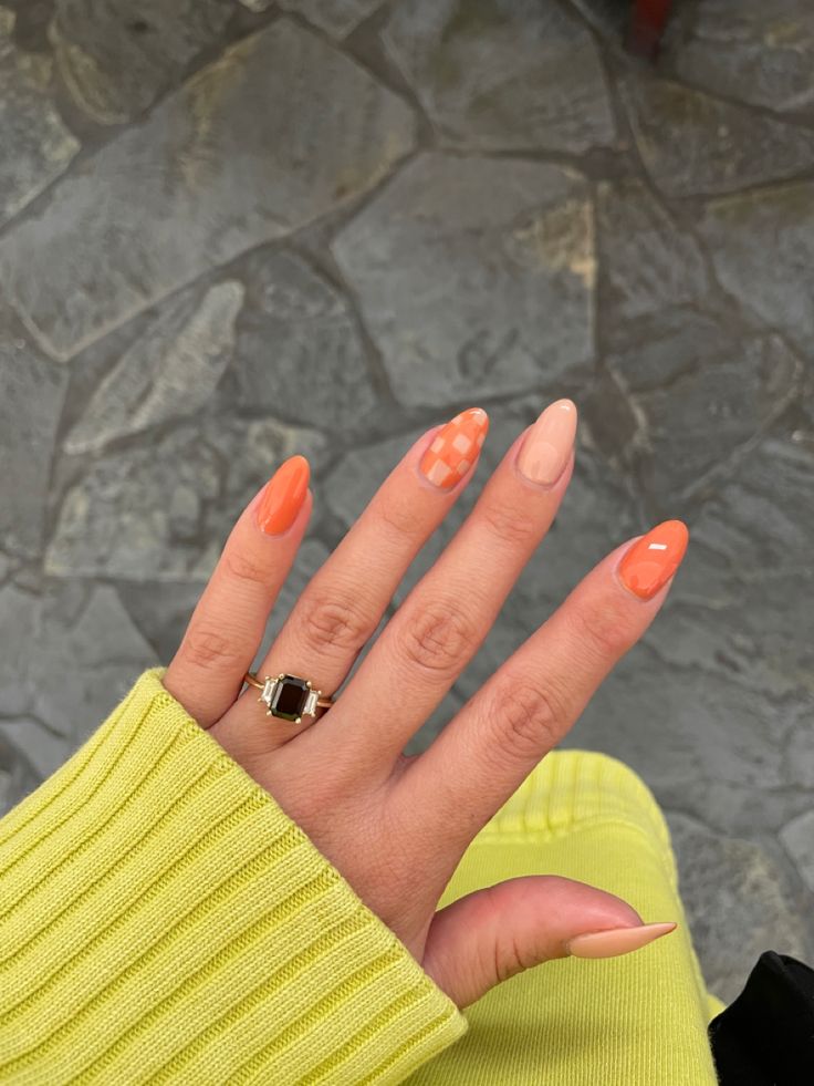 Orange Checkered Nails, Checkered Nails, 2024 Nails, Peach Orange, Orange Nails, Make Me Up, Dream Nails, Cute Acrylic Nails, Nail Tech