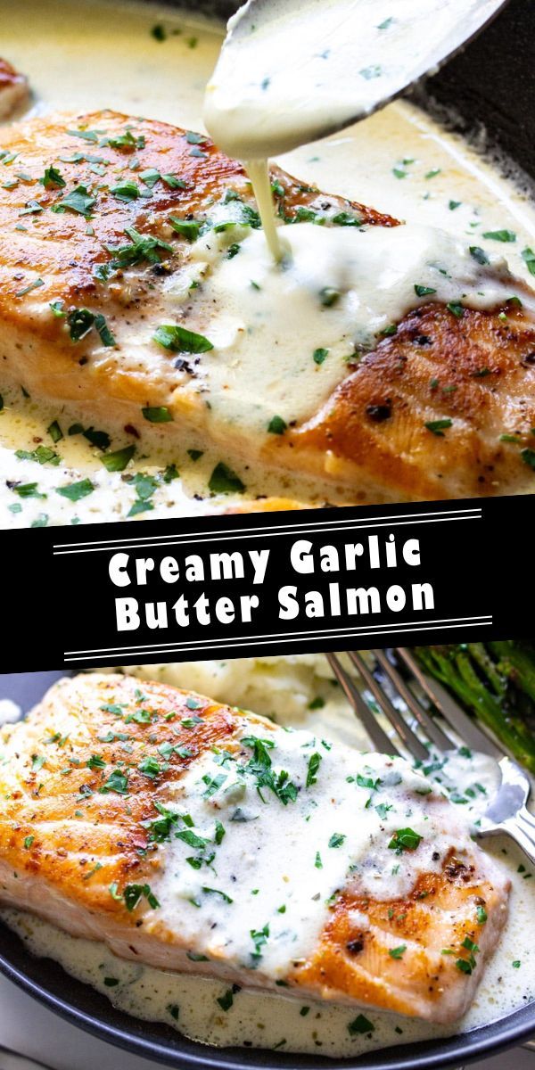 creamy garlic butter salmon in a skillet with asparagus