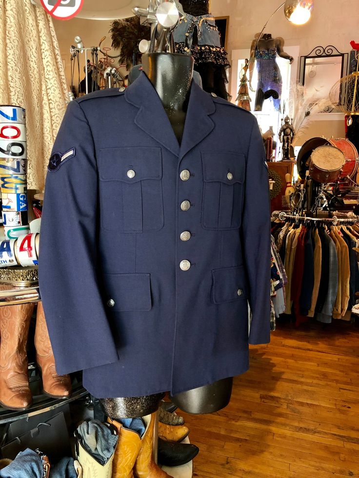 "Vintage Military Jacket Blazer, Blue Wool Jacket 36XS 17\" Shoulder 23\" Top Sleeve Length 36\" Chest 34\" Waist 29\" Length in Back In good used condition!" Vintage Military Jacket, Leisure Suit, Leather Saddle Bags, Blazer Blue, Vintage Military, Jacket Blazer, Blue Wool, Wool Jacket, Double Breasted Suit Jacket