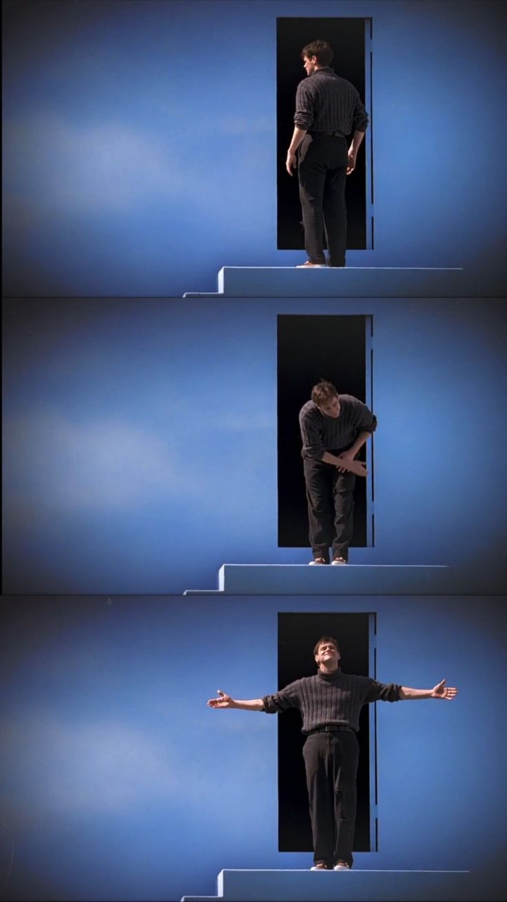 the man is standing in front of three different angles to show how he's doing something