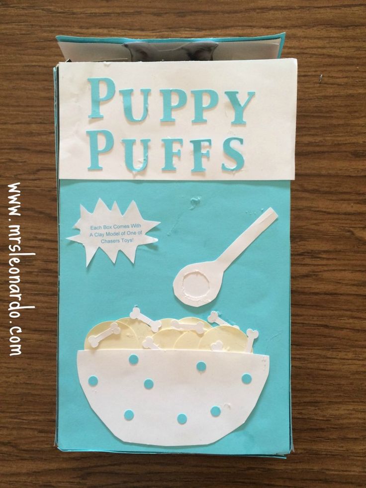 a box that has some kind of paper on it with the words puppy puffs