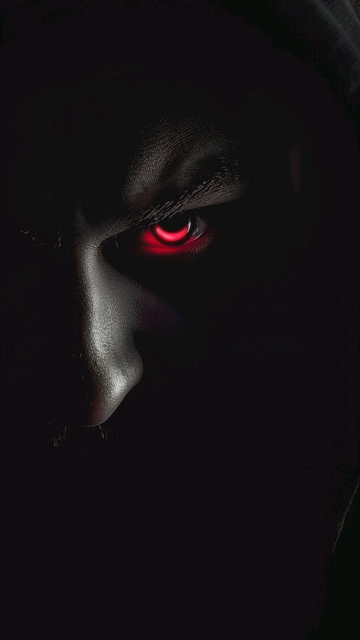 a man's face with glowing red eyes in the dark, while wearing a hooded jacket