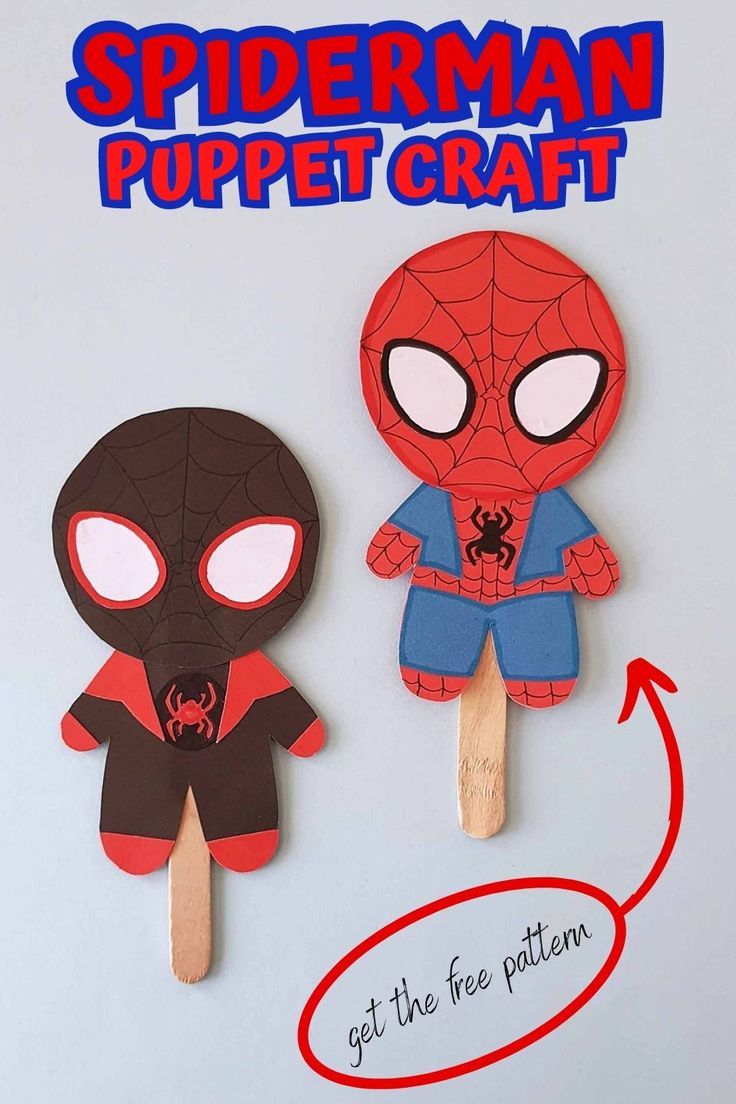 two popsicles with spiderman puppets on them and the words, get the free pattern