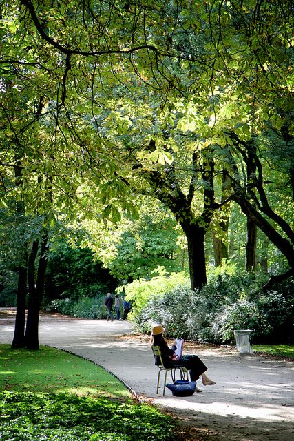 a woman sitting on a chair in the middle of a park with lots of trees