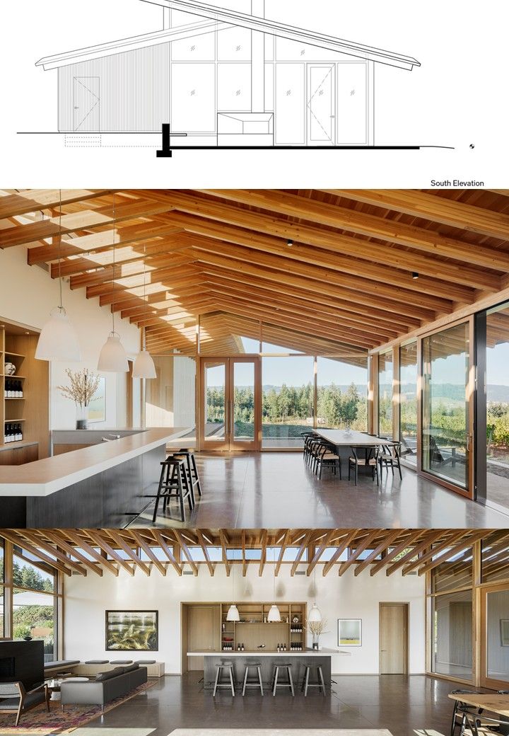 the interior and exterior view of a modern house with wood ceilinging, open floor plan,