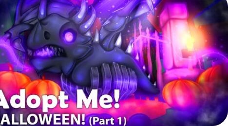 the title for adopt me halloween part 1, with an image of a demon and pumpkins