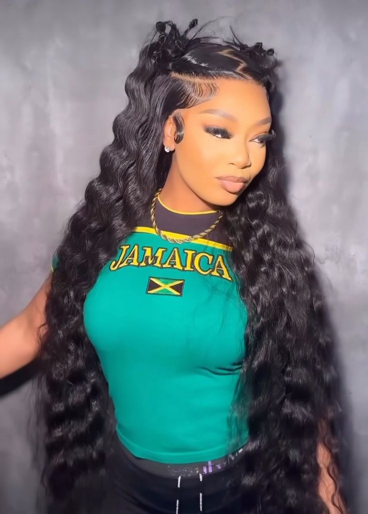 Bow Hairstyle Black Women Deep Wave, Black Women Hairstyles Half Up Half Down, Space Buns Half Up Half Down Wig, Bang Half Up Half Down, Black Woman Hairstyle Weave, Styles With Deep Wave Hair, Deep Wave Hairstyles For Black Women, Half Up Half Down Hairstyles Black Women, Deep Wave Wig Hairstyles