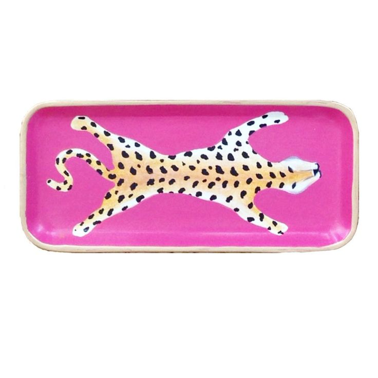 a pink tray with a cheetah on it